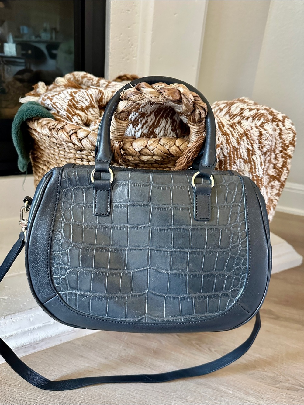 Talbots Grey Croc-Embossed Satchel w/Crossbody Strap